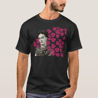 T-shirt imprimé Frida Kahlo, fleurs colorées, noir et blan