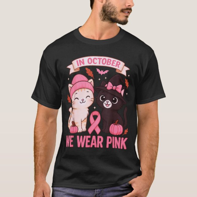 T-shirt In October We Wear Nk Cute Cat Breast Cancer Aware (Devant)