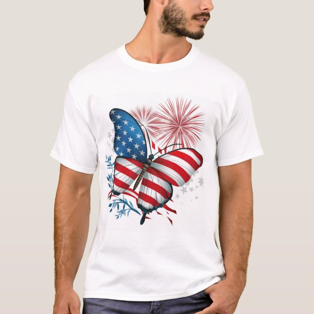 T-shirt Indépendance 4 juillet Rouge, Blanc, Bleu Papillon (Devant)