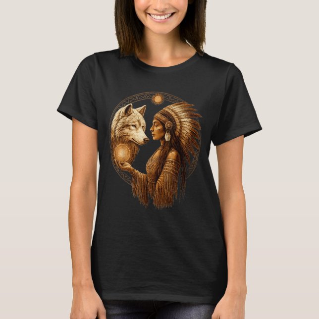 T-shirt Indian Native American Woman With White Wolf Vinta (Devant)
