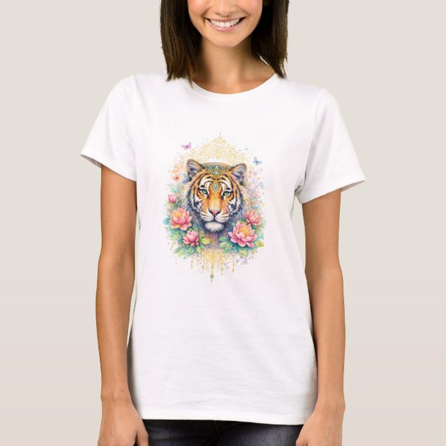 T-shirt Indischer Frühling - Tiger mit Lotus & Gold (Devant)