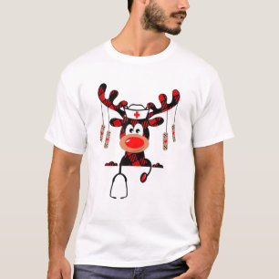 T-shirt Infirmière Cute Red Plaid Reindeer Porte Stethosco