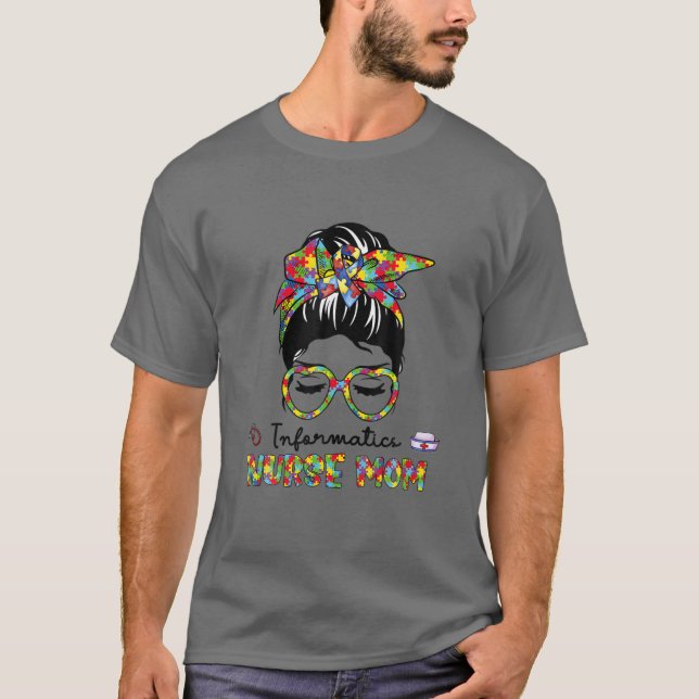 T-shirt Infirmière informatique Messy Bun Autisme Love Hea (Devant)