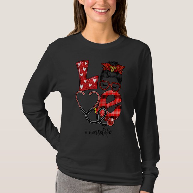 T-shirt Infirmière Love Stethoscope Plaid Leopard Messy Bu (Devant)