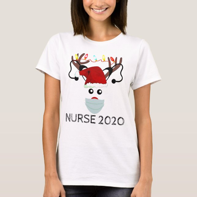 T-shirt Infirmière Noël 2020 Reindeer portant un masque fa (Devant)