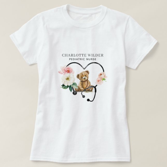 T-shirt Infirmière pédiatrique Teddy Ours Floral Stethosco (Design devant)
