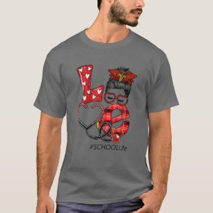 T-shirt Infirmière Plaid Leopard Love Heart Messy Bun RN