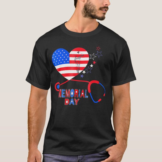 T-shirt Infirmière Stethoscope Heart Patriotic Memorial Da (Devant)