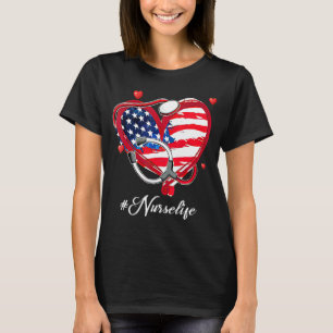 T-shirt Infirmière Vie Stethoscope Coeur Drapeau américain