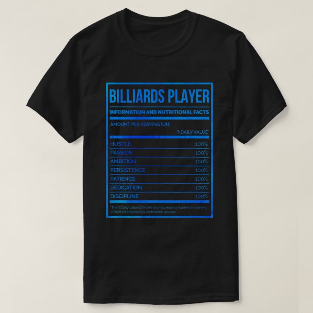 T-shirt Information Du Joueur Billiards Et Faits Nutrition (Design devant)