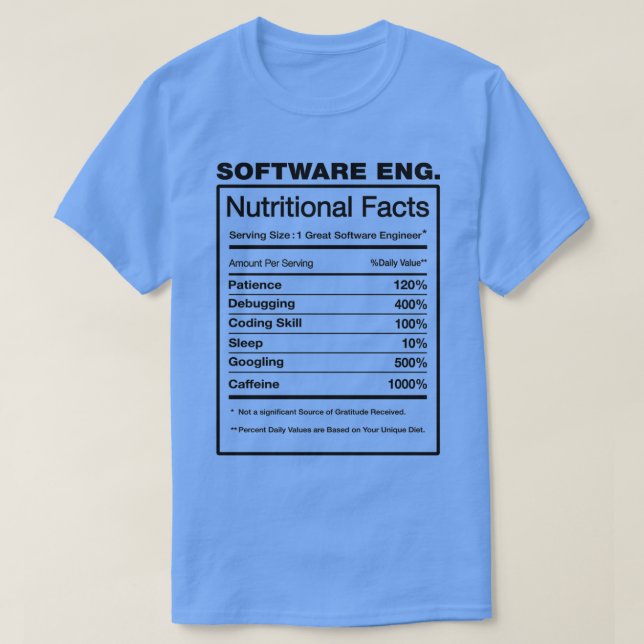 T-shirt Ingénieur logiciel Nutrition Facts Funny Swe Engin (Design devant)