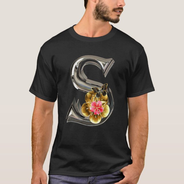 T-shirt Initial Letter S Monogram Pink Sakura Flowers and  (Devant)