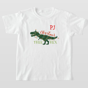 T-shirt Initiales rouges de l'arbre de Noël-Rex Dinosaure