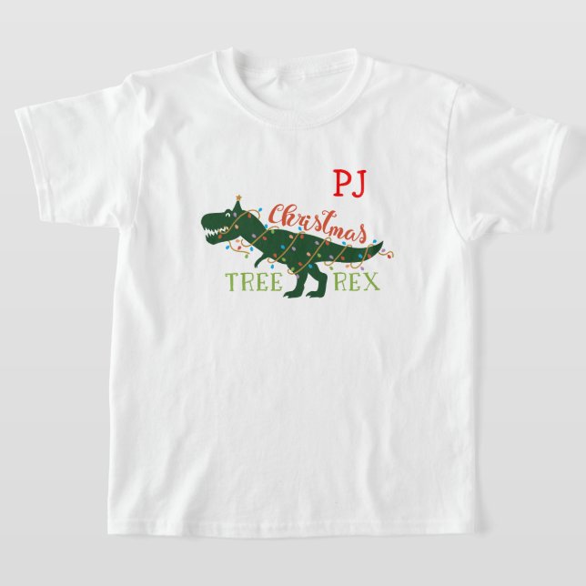 T-shirt Initiales rouges de l'arbre de Noël-Rex Dinosaure (Poser)
