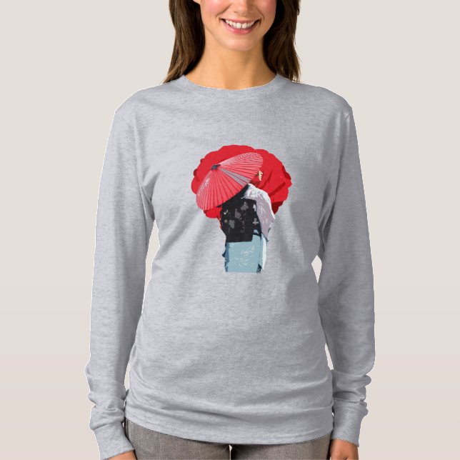 T-shirt Intenso Vermelho Inspiração Japonesa com Sombrinha (Devant)