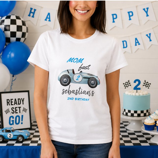 T-shirt Invitation pour le 2e anniversaire de Two Fast Blu (Two Fast Blue Race Car 2nd Birthday Invitation T-Shirt)