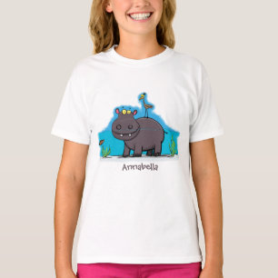 T-shirt Ippopotame drôle mignon avec dessin animé d'oiseau