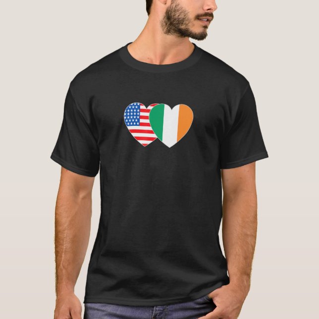 T-shirt Ireland and USA Flag Twin Heart for Irish American (Devant)