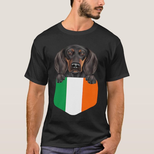 T-shirt Ireland Flag Black and Tan Coonhound Dog In Pocket (Devant)