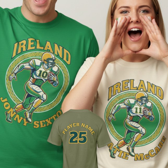 T-shirt Ireland Gridiron Shamrock Football Athlete Dynamic (Use Personalized to change color/font.
Choose a color that matches the background color of shirt)