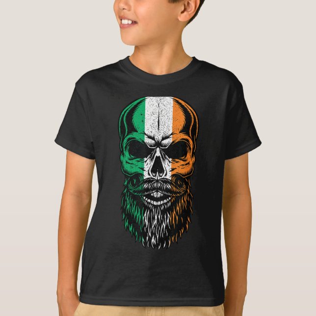 T-shirt Irish Flag Bearded Skull Head Saint Patrick's Day  (Devant)