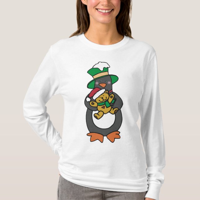 T-shirt Irish Penguin Holding Christmas Teddy Bear (Devant)