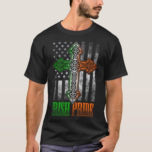 T-shirt Irish Pride Celtic Cross American Flag Irlande Gru (Devant)