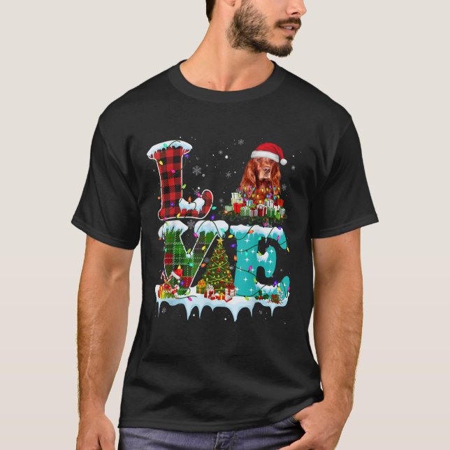 T-shirt Irish Setter Christmas Tree Lights Santa Dog Xmas  (Devant)