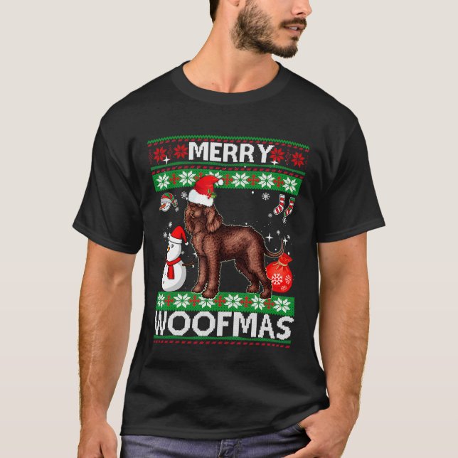 T-shirt Irish Water Spaniel Merry Woofmas Noël (Devant)