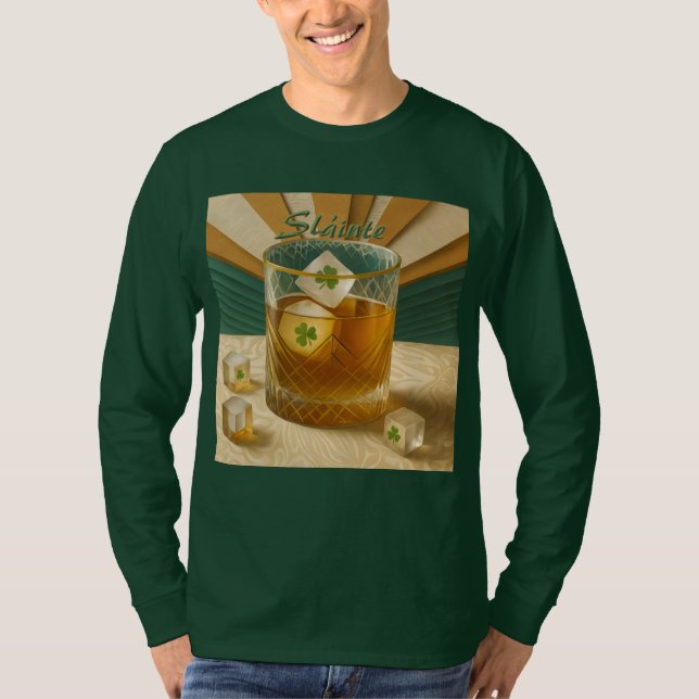 T-shirt Irish Whiskey Tumbler Shamrock Ice "Sláinte!" (Devant)
