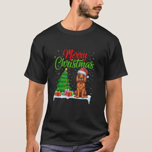 T-shirt Irlandais Setter Chien Feux de Noël Lumières Drôle (Devant)