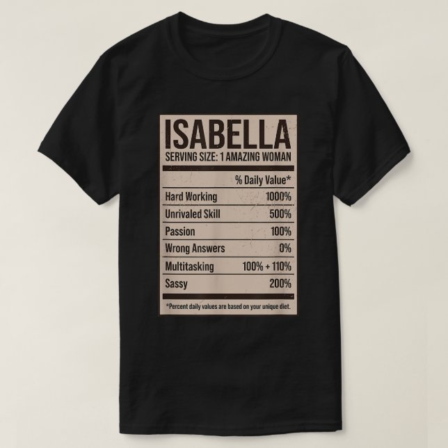 T-shirt Isabella Nutrition Facts Nom Pseudo Alias Titre (Design devant)