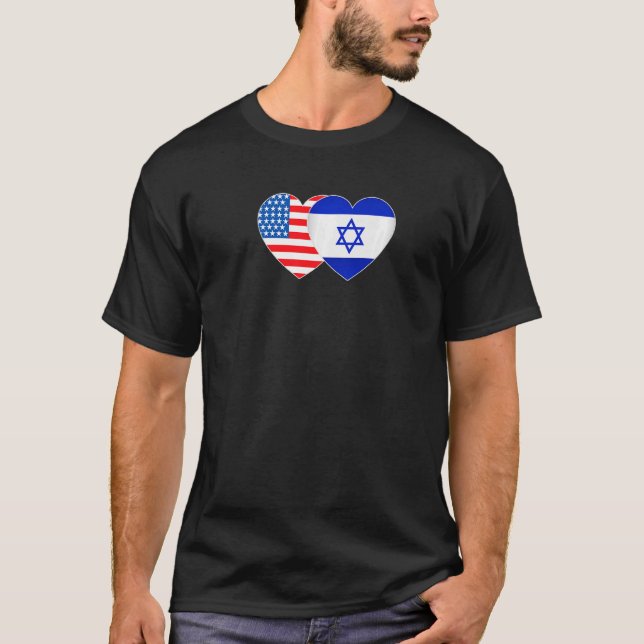 T-shirt Israël et les USA Drapeau double coeur pour juif a (Devant)