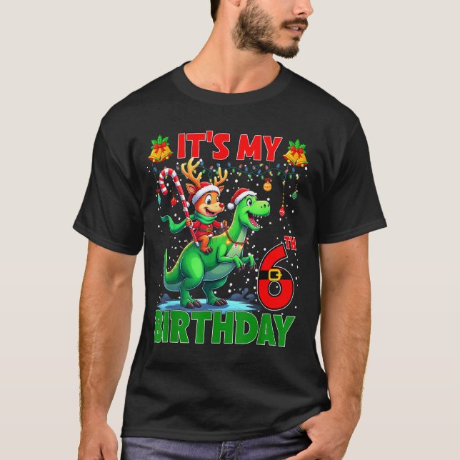 T-shirt It’s My 6th Birthday Xmas Reindeer Riding Dinosaur (Devant)