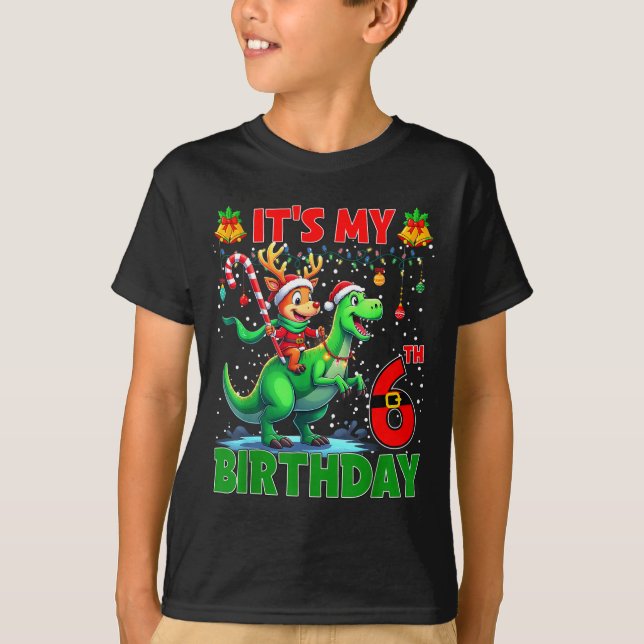 T-shirt It’s My 6th Birthday Xmas Reindeer Riding Dinosaur (Devant)