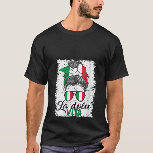 T-shirt Italien Messy Bun Lady Funny Dit Italie Drapeau V- (Devant)