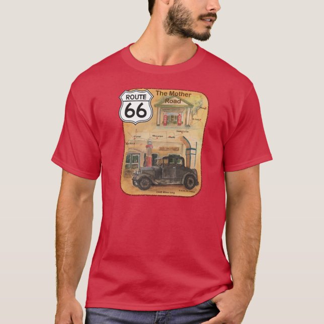 T-shirt Itinéraire 66 avec la vieilles voiture et stations (Devant)