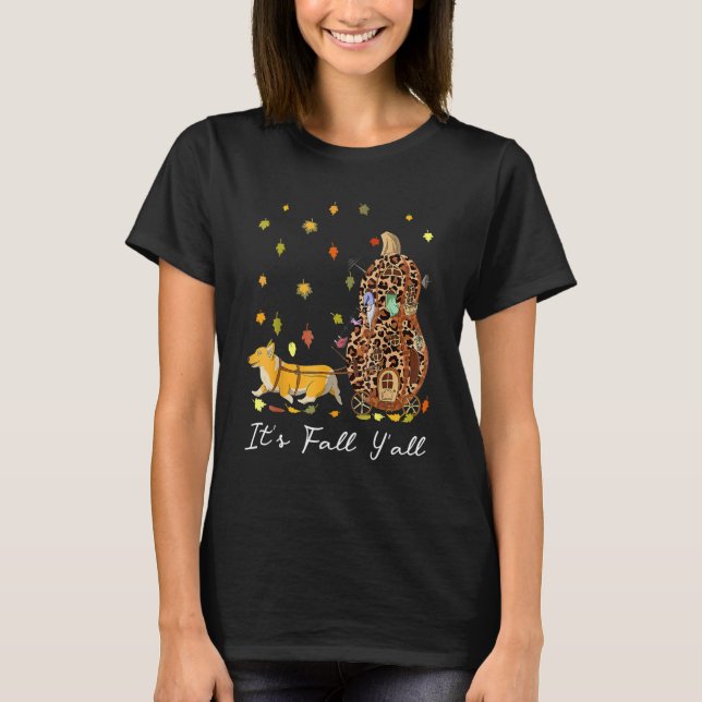 T-shirt It's Fall Y'All Corgi Gnome & Pumpkin Leopard Than (Devant)