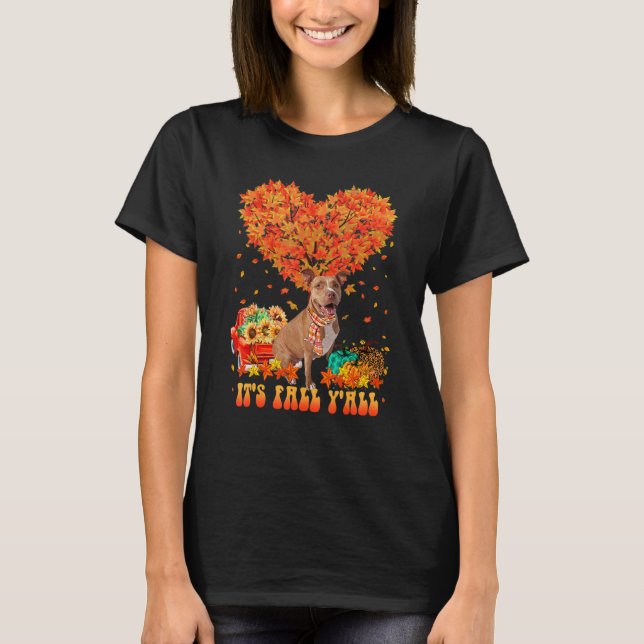 T-shirt It's Fall Y'all Pitbull Dog Pumpkin Autumn Tree Th (Devant)