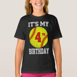 T-shirt It's My 4th Birthday Girl Softball 4 Year Old