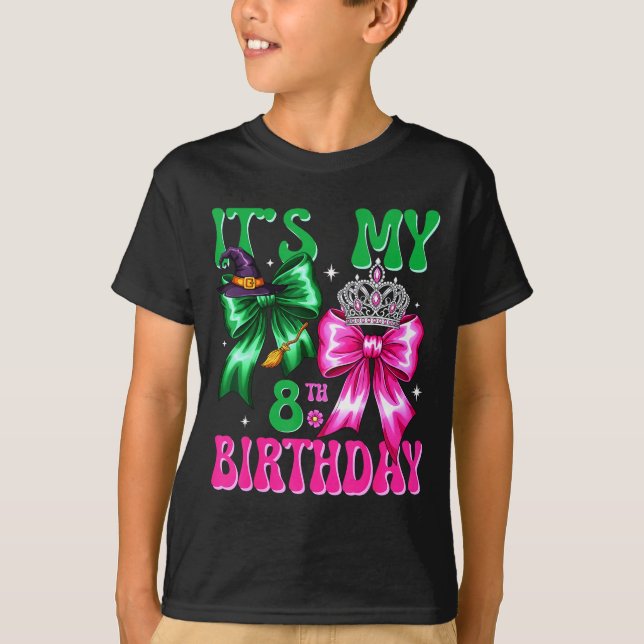 T-shirt It's My 8th Birthday Witch Nk And Green Bow Croche (Devant)