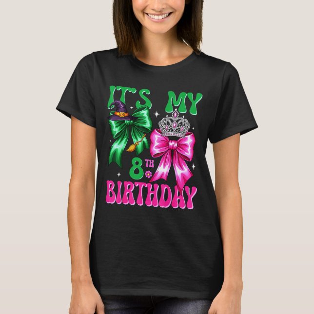 T-shirt It's My 8th Birthday Witch Nk And Green Bow Croche (Devant)