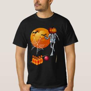 T-shirt Jack-o'-lantern Citrouille Skeleton Jouer Bowling 