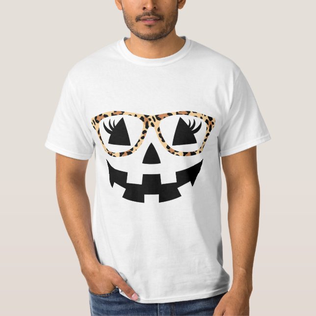 T-shirt Jack O Lantern Face Pumpkin Hallowen Leopard Print (Devant)
