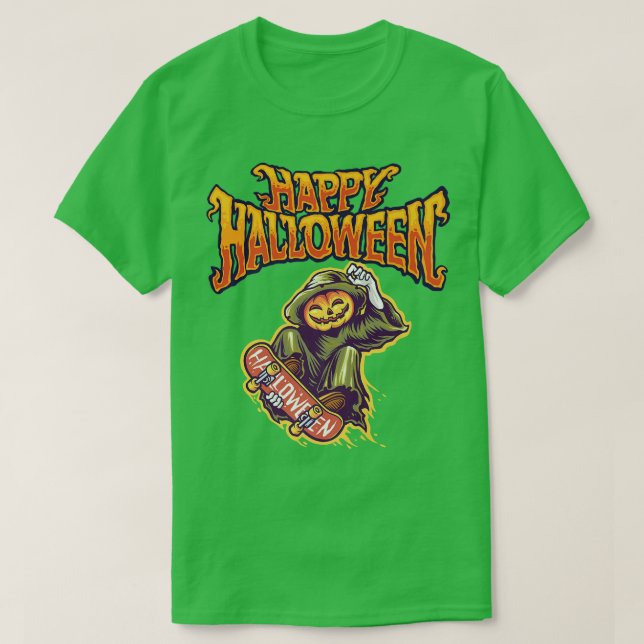 T-shirt Jack-o'-lantern Happy Halloween avec Skateboard (Design devant)