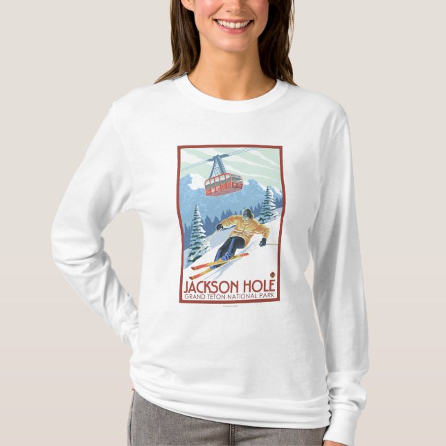 T-shirt Jackson Hole, skieur du Wyoming et tram (Devant)