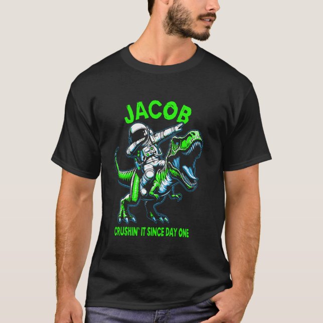 T-shirt Jacob Crushin' It Since Day One Astronaut Dinosaur (Devant)