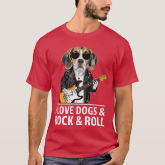 T-shirt J'adore Les Chiens Rock Roll Beagle Jouant Guitare