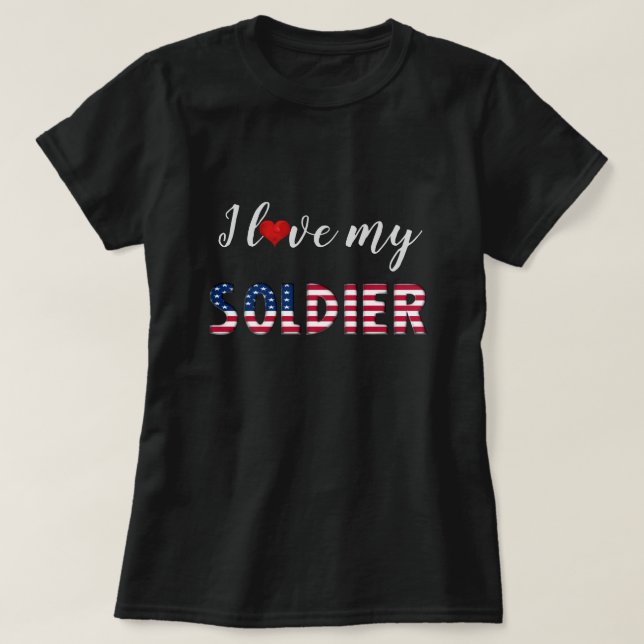 T-shirt J'adore mon soldat American Flag Typographie migno (Design devant)