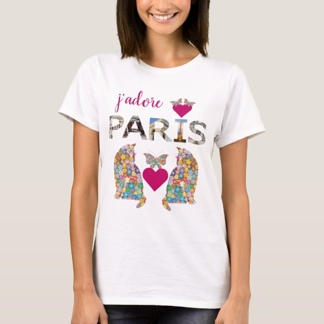 T-shirt J'adore Paris, Chats en amour, Papillons de coeur (Devant)